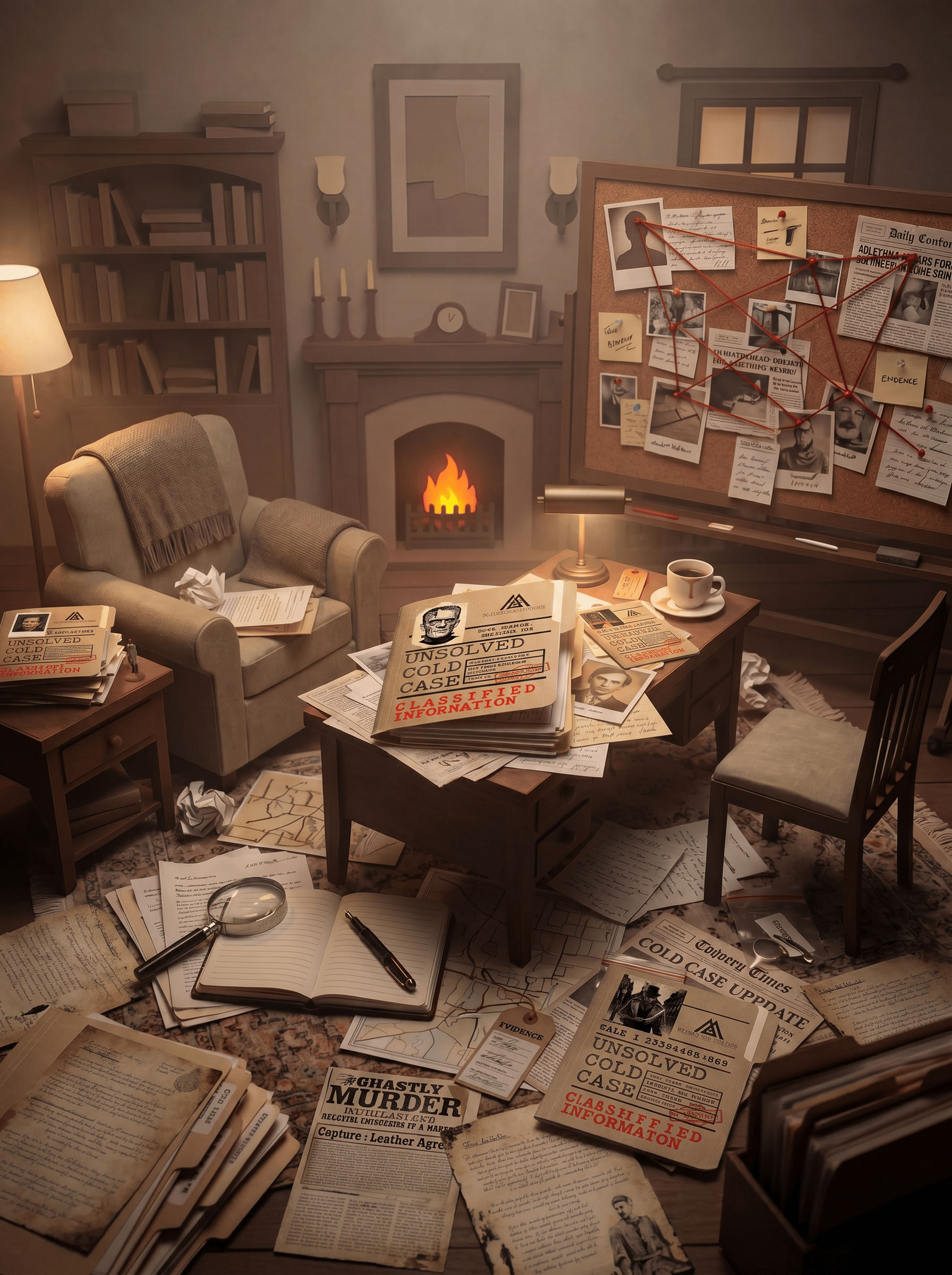 At-home cold case investigation with evidence spread across a table