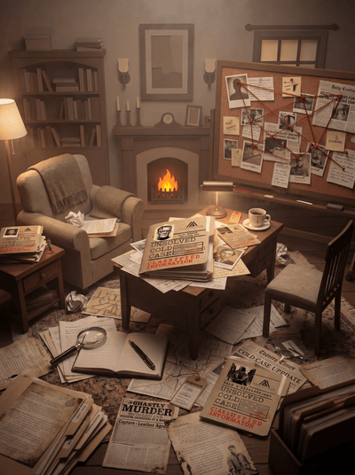 At-home cold case investigation with evidence spread across a table