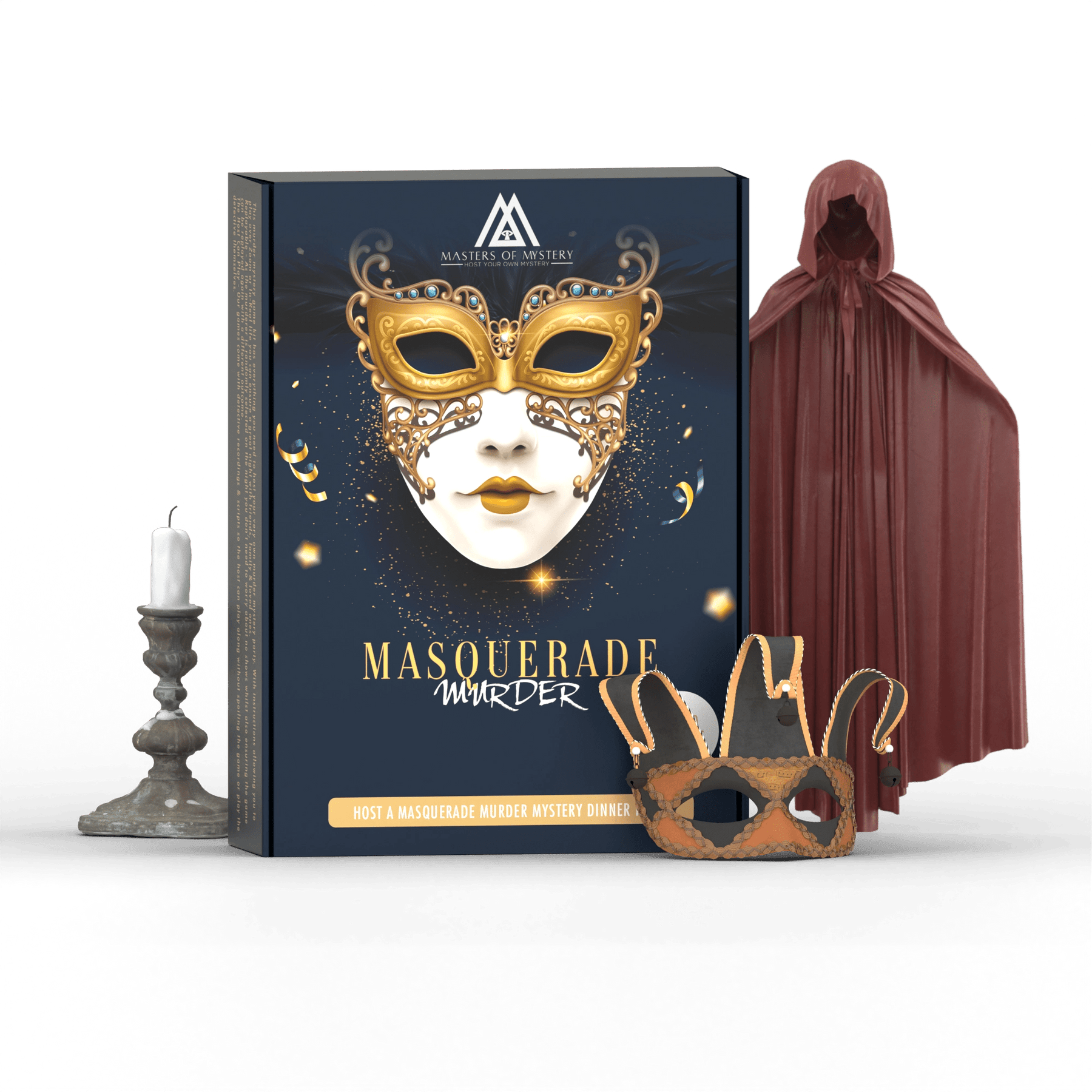 The Masquerade Kit is designed with half a white pale face wearing a golden mask. A red cloak is floating by the kit with a jester-like mask and a candle.
