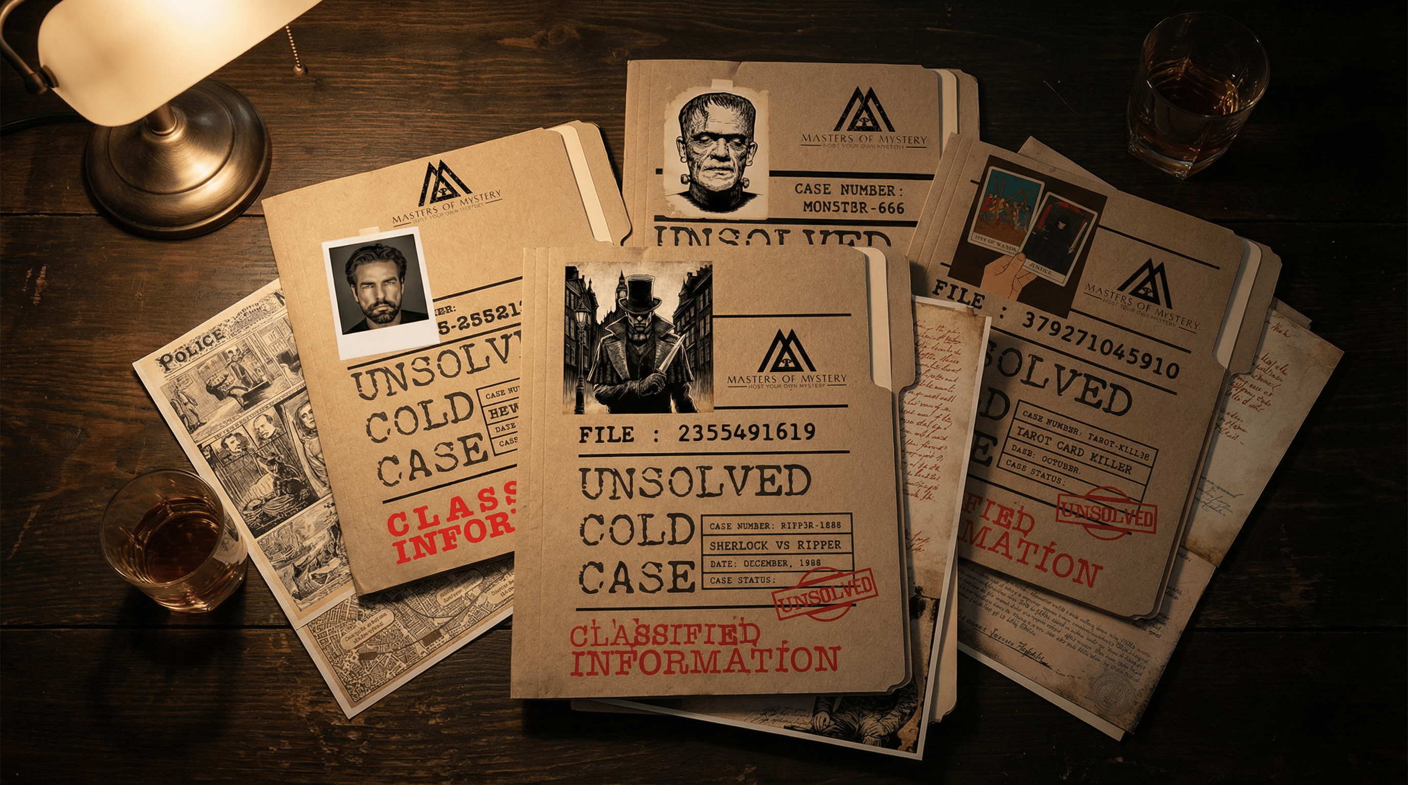 Masters of Mystery cold case game collection in a cinematic evidence scene