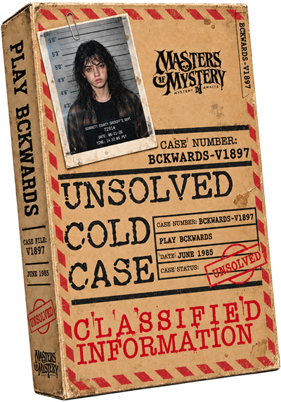 Play Bckwards boxed cold case file game, front and spine