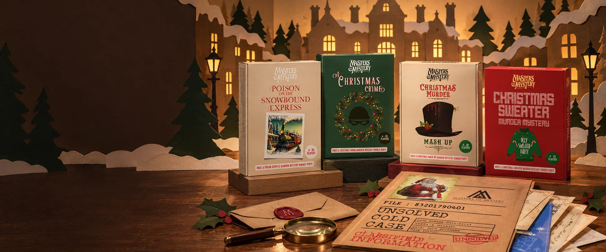 Masters of Mystery Christmas murder mystery games: Poison on the Snowbound Express, A Christmas Crime, Christmas Murder Mash Up, Christmas Sweater Murder Mystery and the Santa's Missin' cold case file, set in a paper-craft snowy village