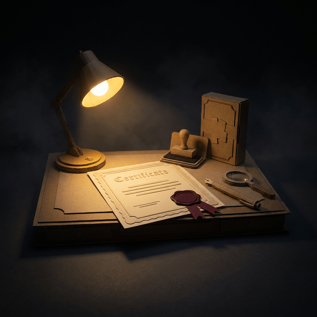 Commercial licence for hosting Masters of Mystery murder mystery games — cardboard diorama certificate with wax seal
