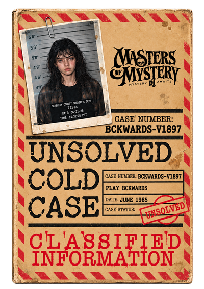 Play Bckwards 1980s cold case game front cover with mugshot and unsolved case stamp