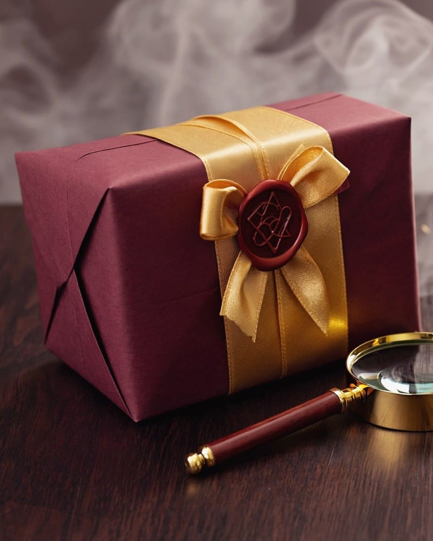 Send a Masters of Mystery game as a gift — burgundy gift box with gold ribbon and wax seal