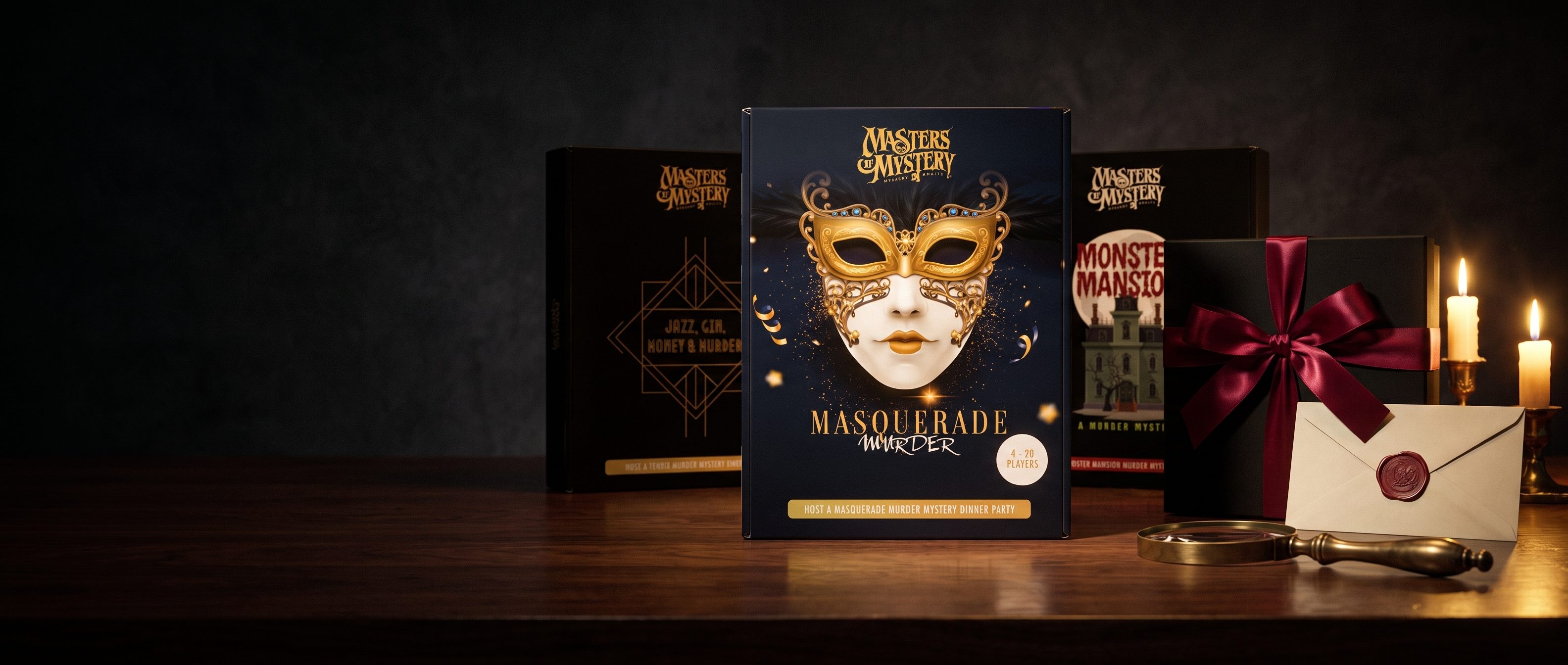 Masters of Mystery boxed games arranged as a gift with crimson ribbon, wax-sealed envelope and candlelight — wide banner