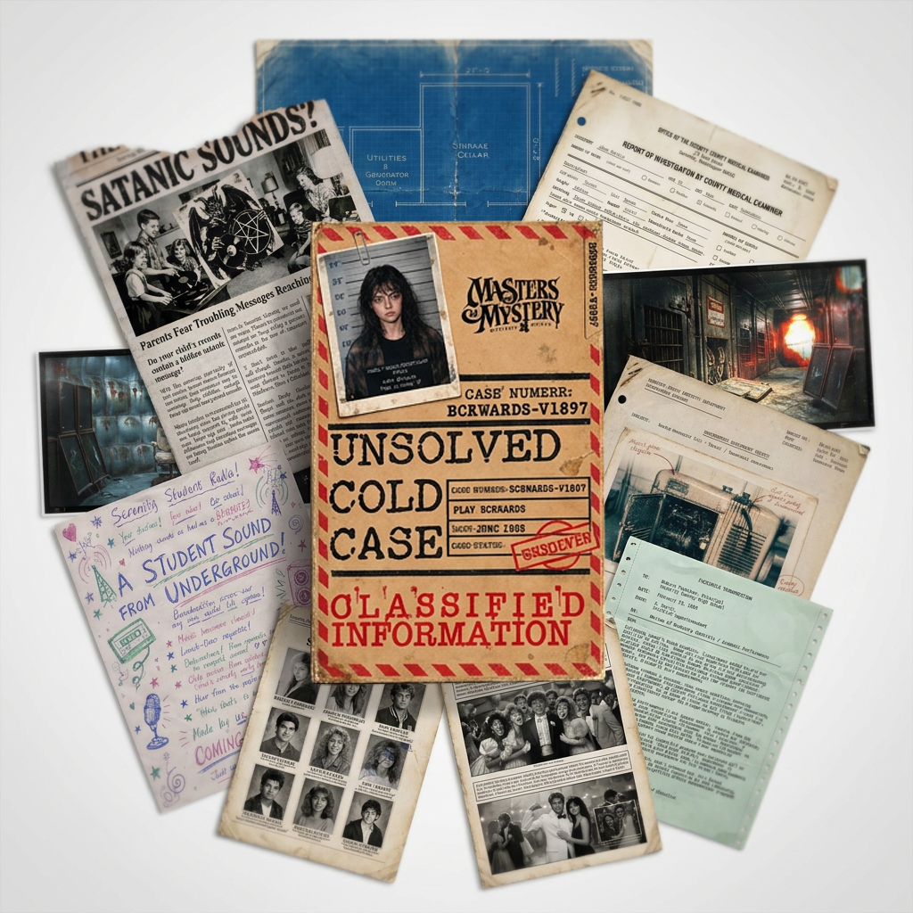 Play Bckwards case file and evidence documents, newspaper clippings, coroner report and suspect photographs