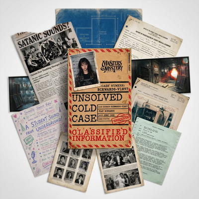 Play Bckwards case file and evidence documents, newspaper clippings, coroner report and suspect photographs