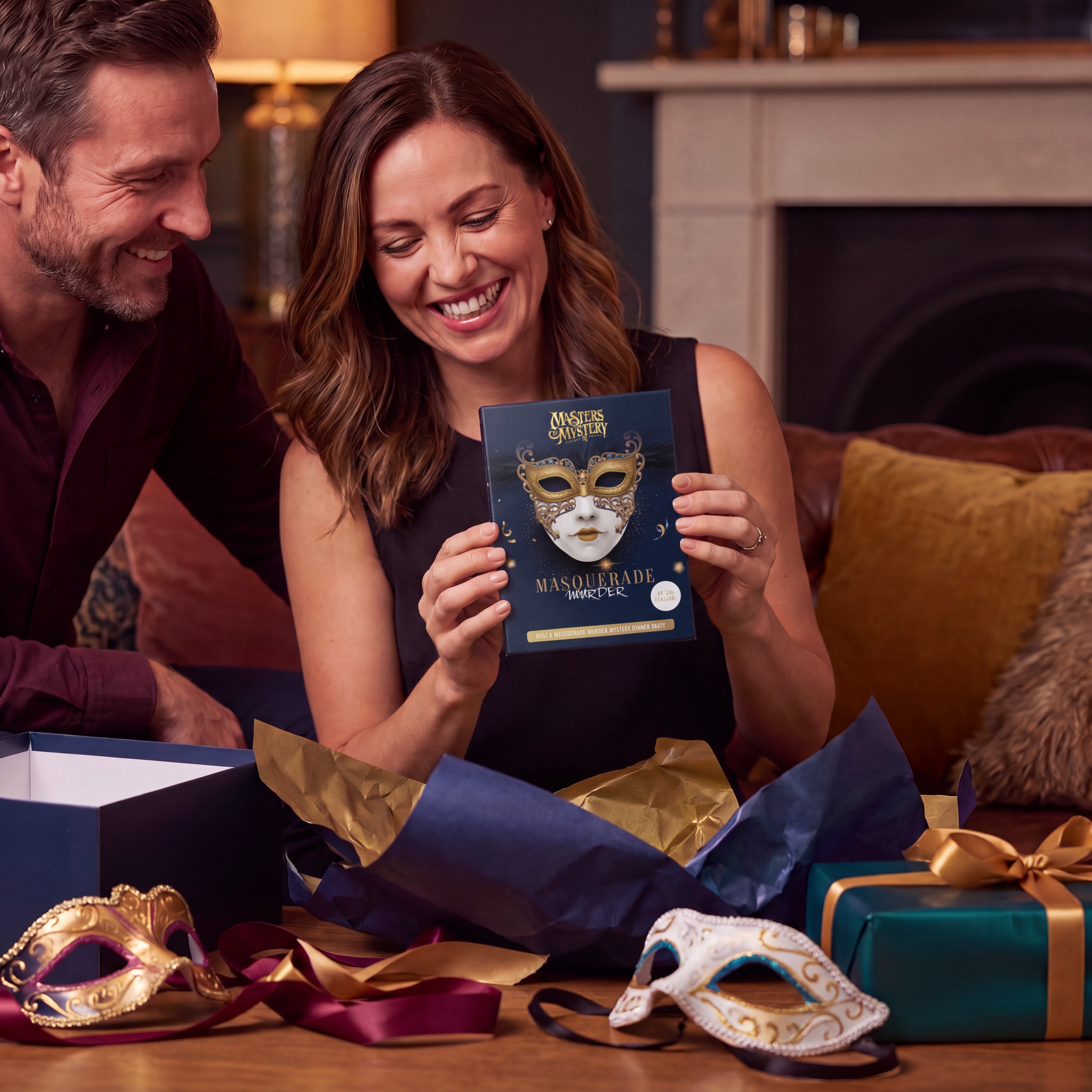 Masquerade Ball Murder Mystery Game boxed game being given as a gift – 1x1 lifestyle image — image 7