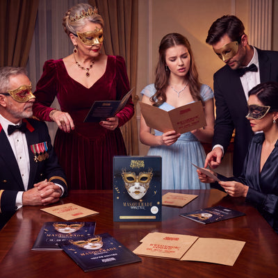 Masquerade Ball Murder Mystery Game being played by guests at a themed party – 1x1 lifestyle image