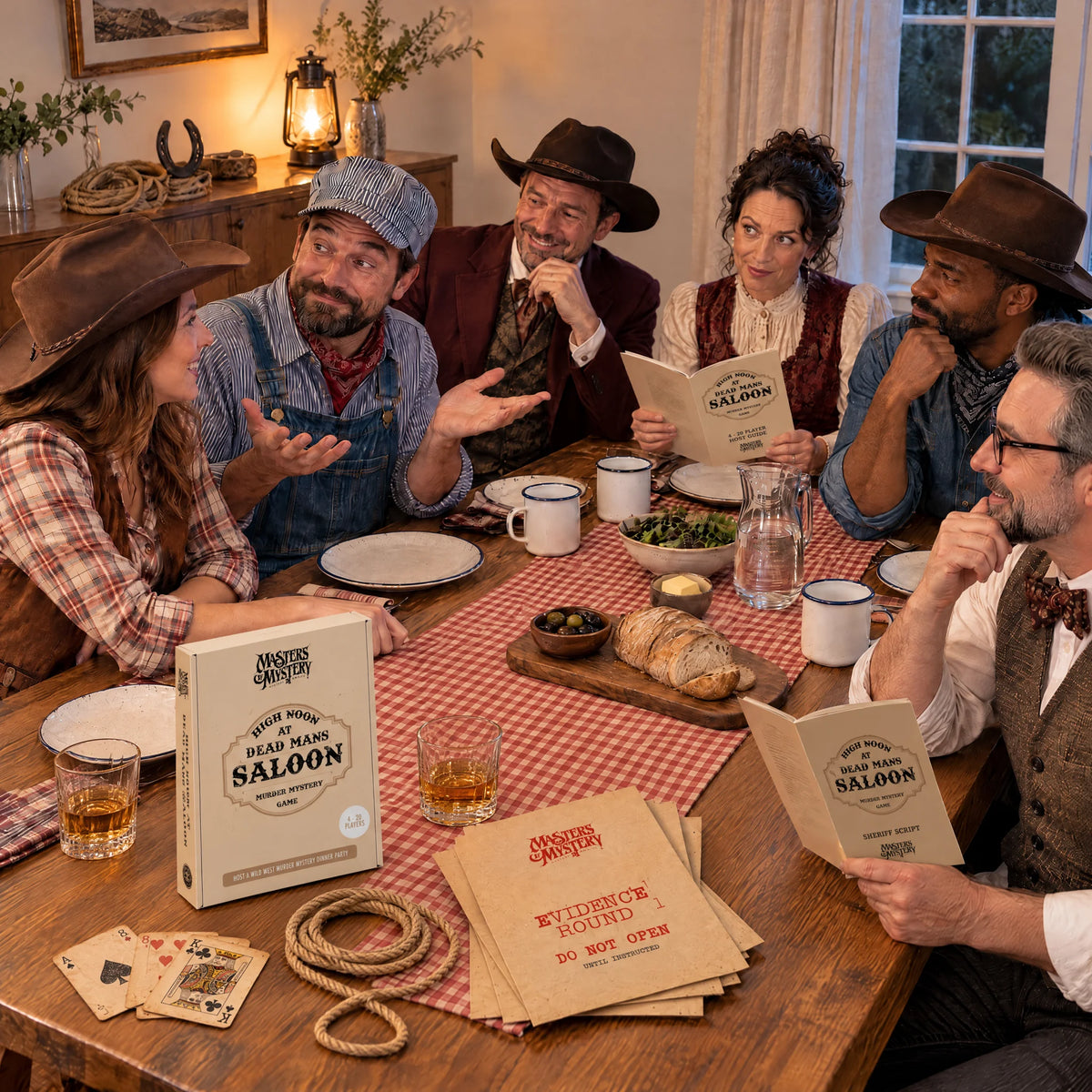 Friends playing High Noon at Dead Man’s Saloon by Masters of Mystery, with the game box and booklets.