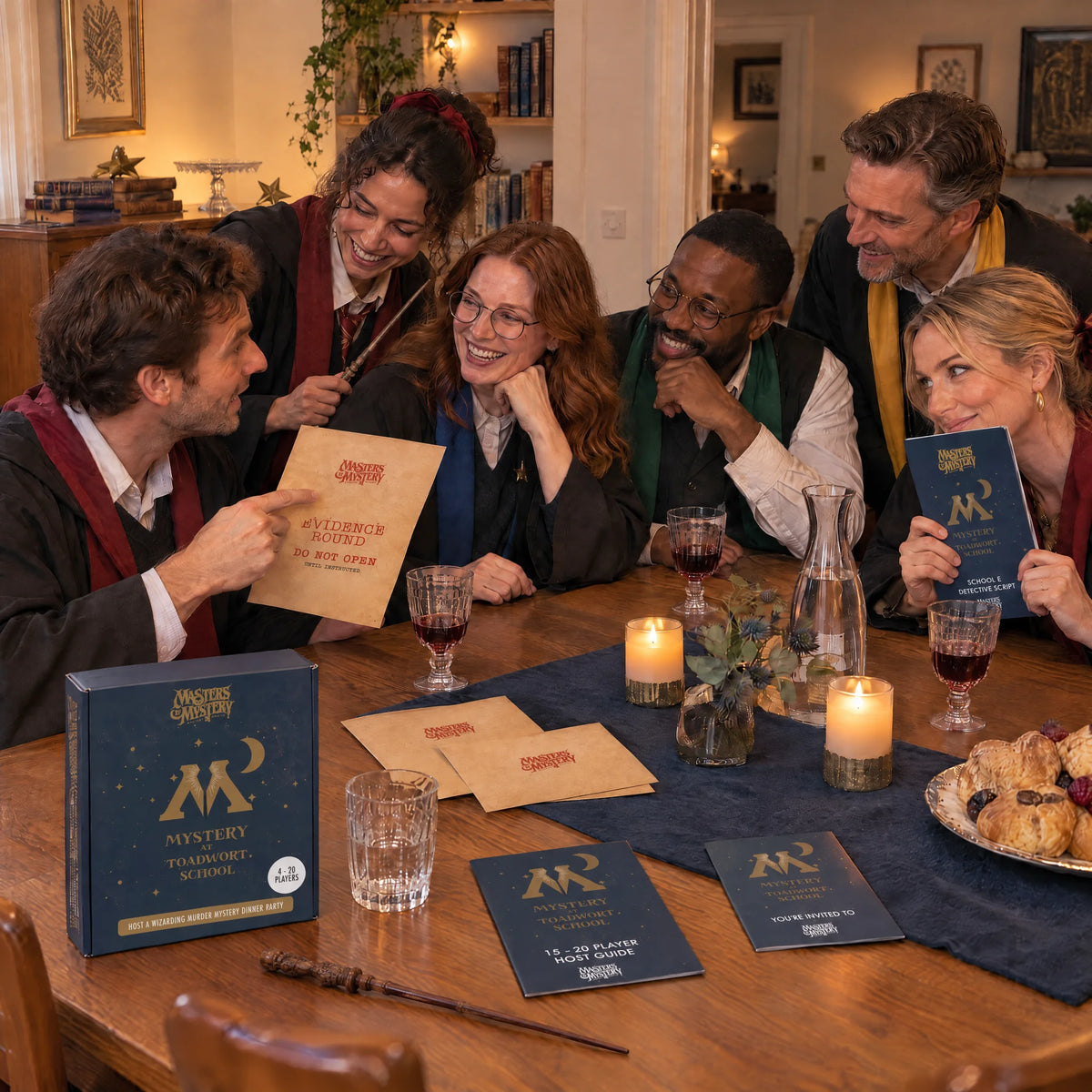Friends playing Toadwort School of Magic & Mayhem by Masters of Mystery, with the game box and booklets.
