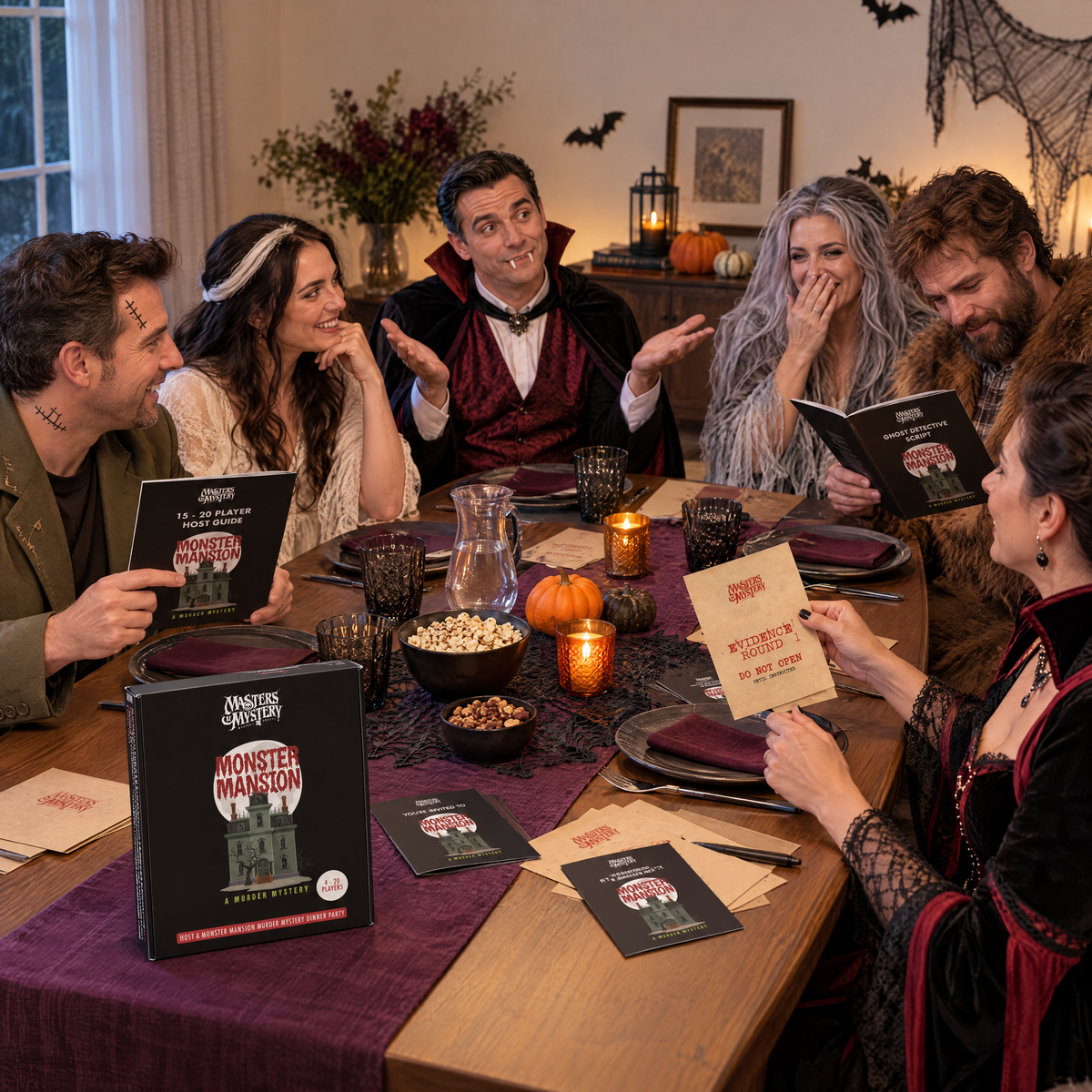 Guests playing Mystery at Monster Mansion by Masters of Mystery, with the game box and branded booklets on the table.