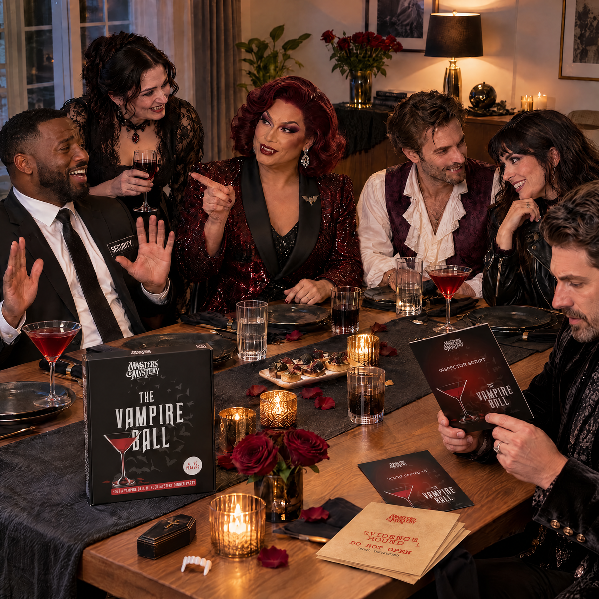 Guests playing The Vampire Ball by Masters of Mystery, with the game box and branded booklets on the table.