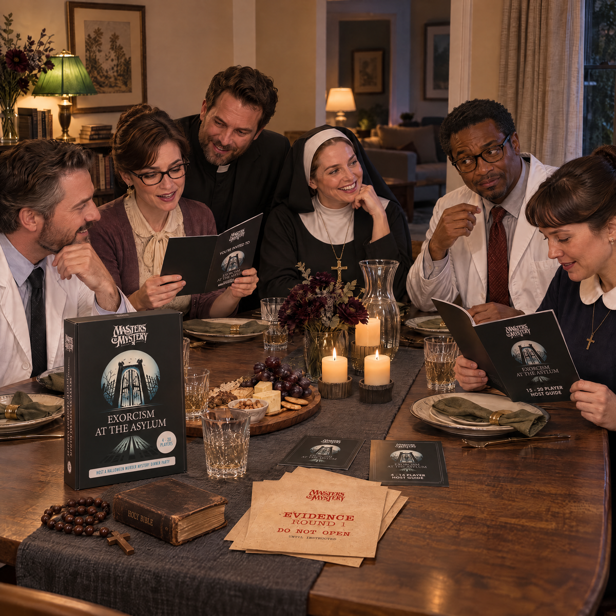 Guests playing Exorcism at the Asylum by Masters of Mystery, with the game box and branded booklets on the table.