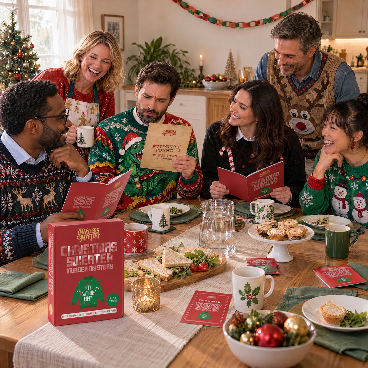 Guests playing Office Christmas Sweater Murder Mystery by Masters of Mystery, with the game box and branded booklets on the table.