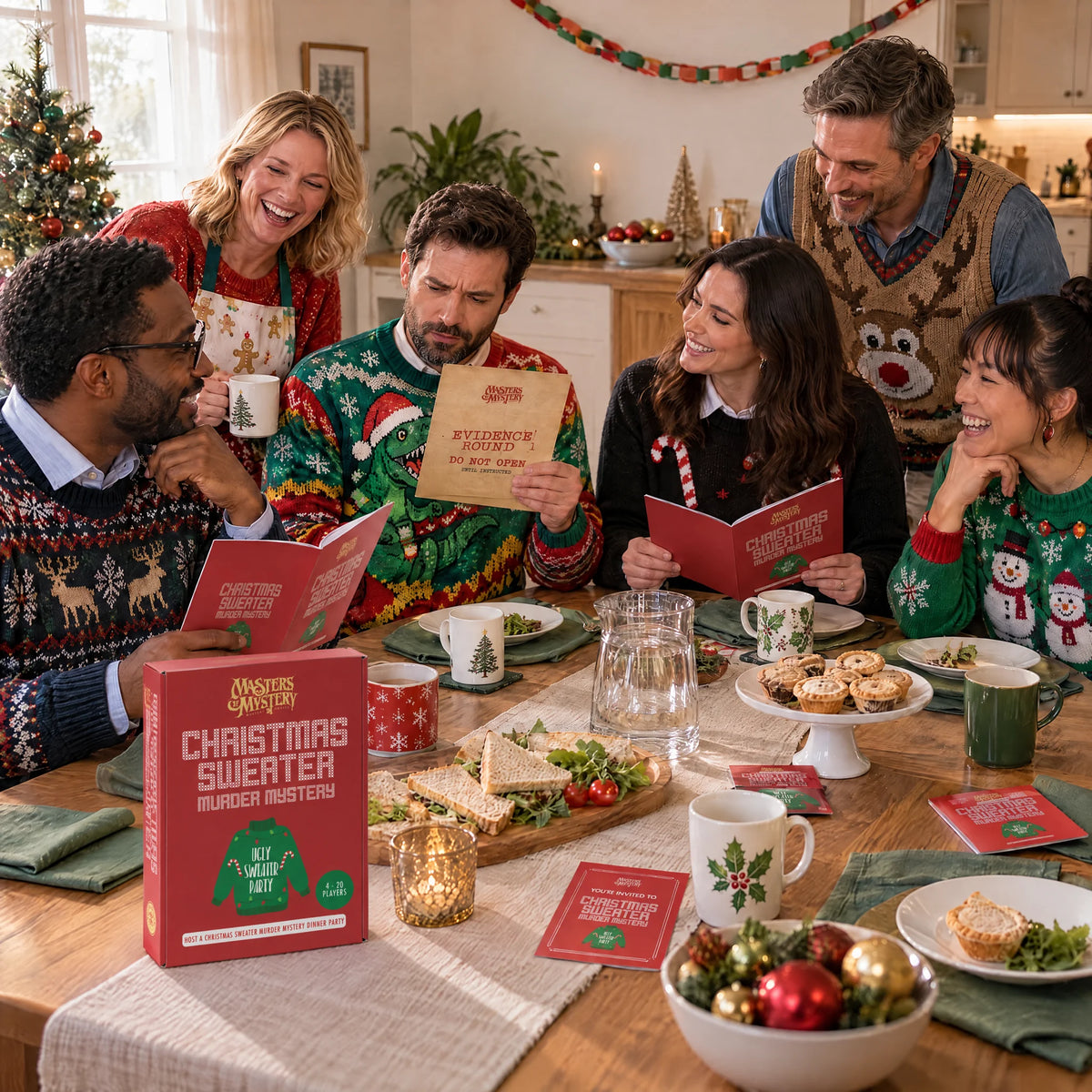 Friends playing Office Christmas Sweater Murder Mystery by Masters of Mystery, with the game box and booklets.