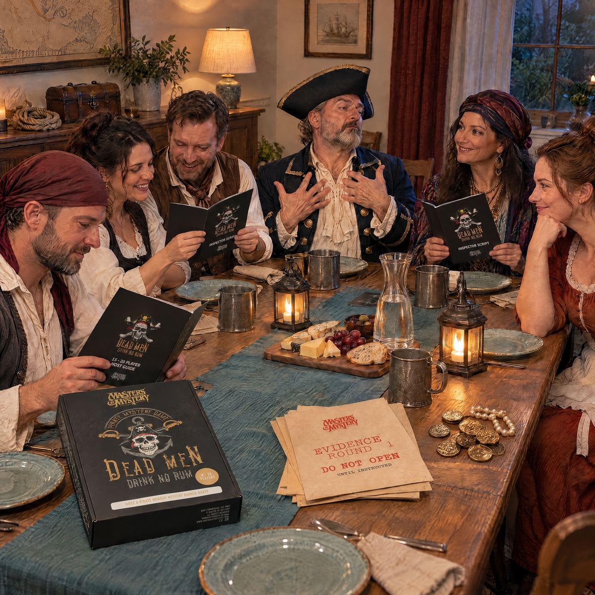 Guests playing Dead Men Drink No Rum by Masters of Mystery, with the game box and branded booklets on the table.