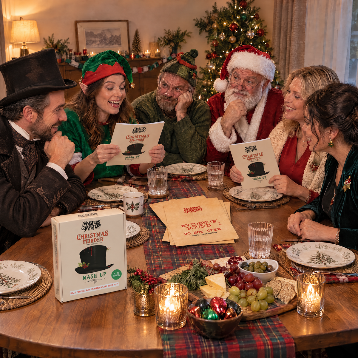 Guests playing A Christmas Mash-Up Murder by Masters of Mystery, with the game box and branded booklets on the table.