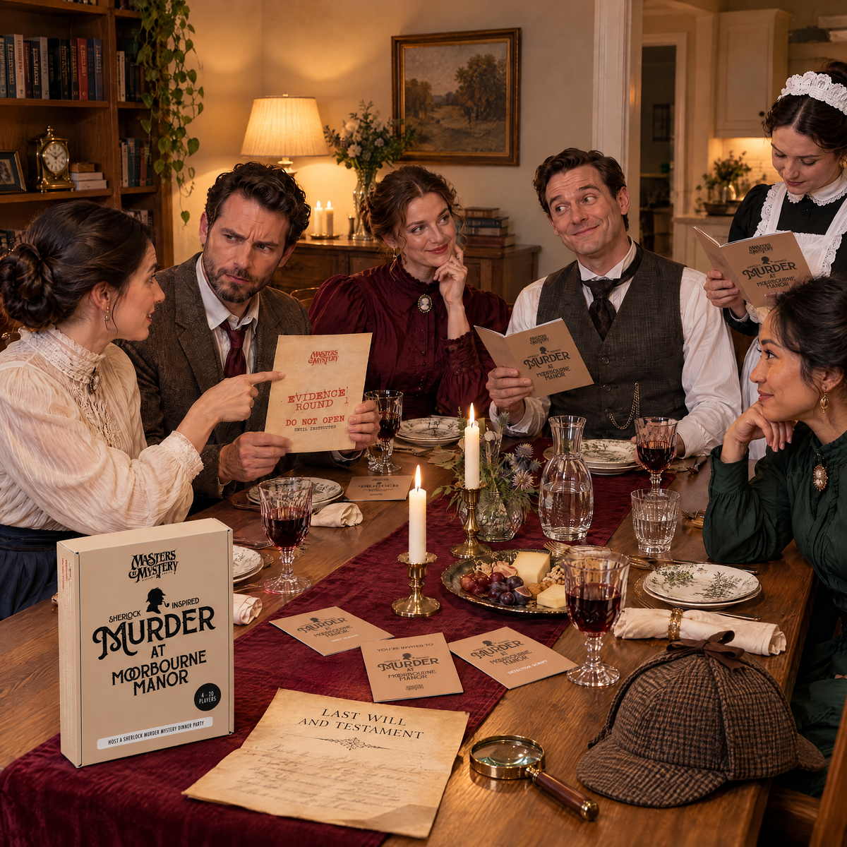 Guests playing Murder at Moorbourne Manor by Masters of Mystery, with the game box and branded booklets on the table.