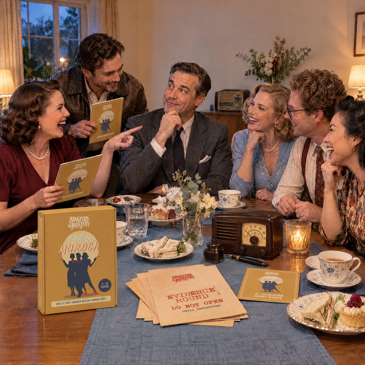 Guests playing A 1940s Murder by Masters of Mystery, with the game box and branded booklets on the table.