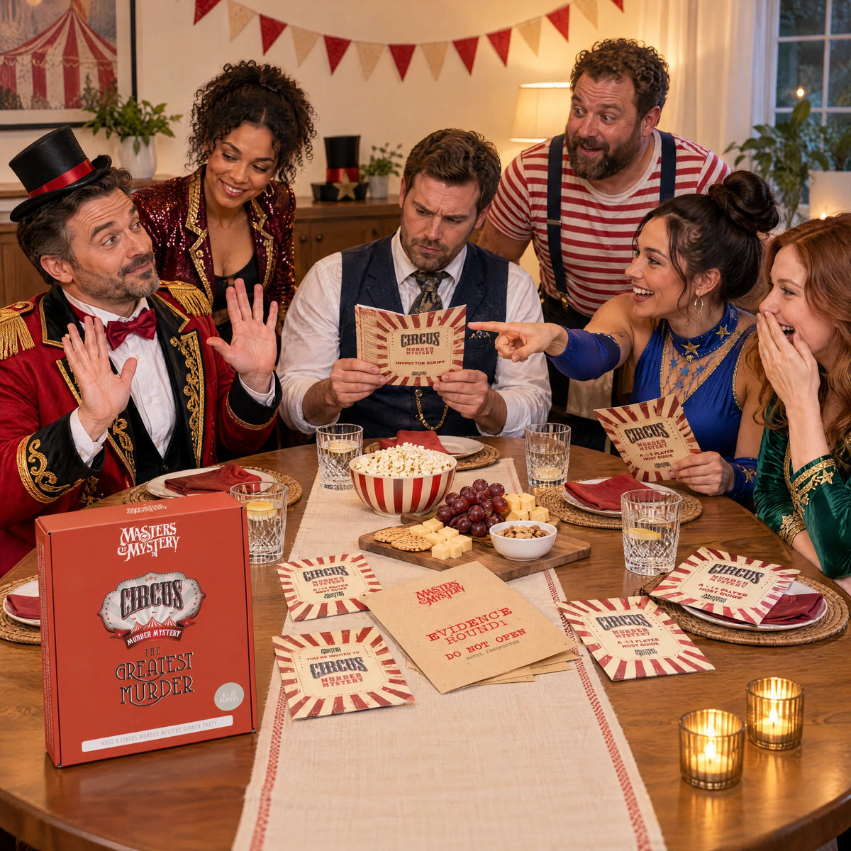 Friends playing Murder at the Big Top by Masters of Mystery, with the game box and booklets.