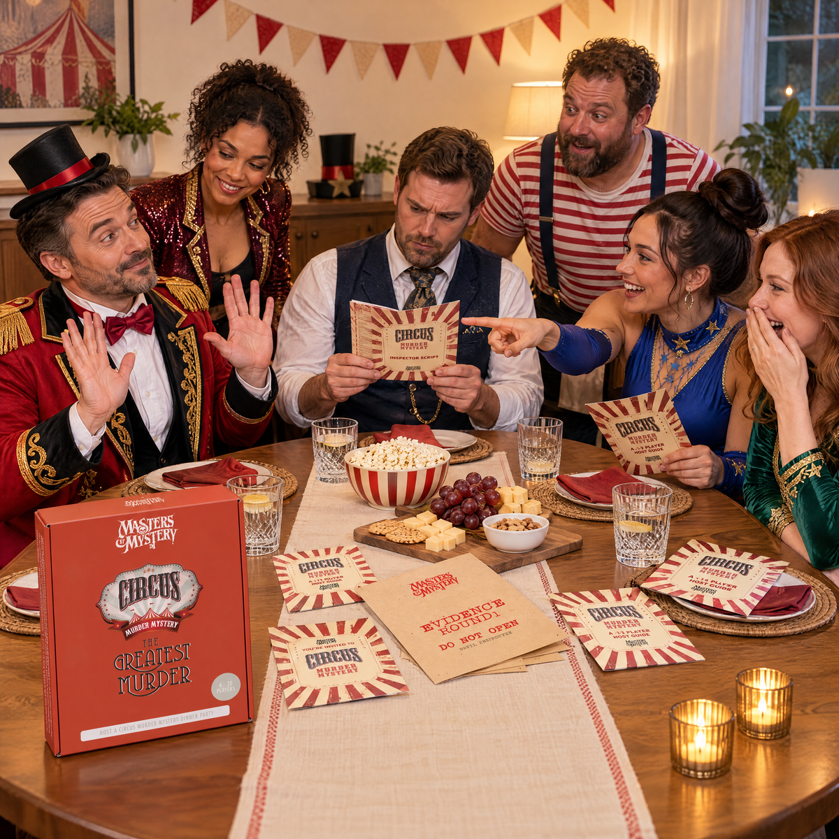 Guests playing Murder at the Big Top by Masters of Mystery, with the game box and branded booklets on the table.
