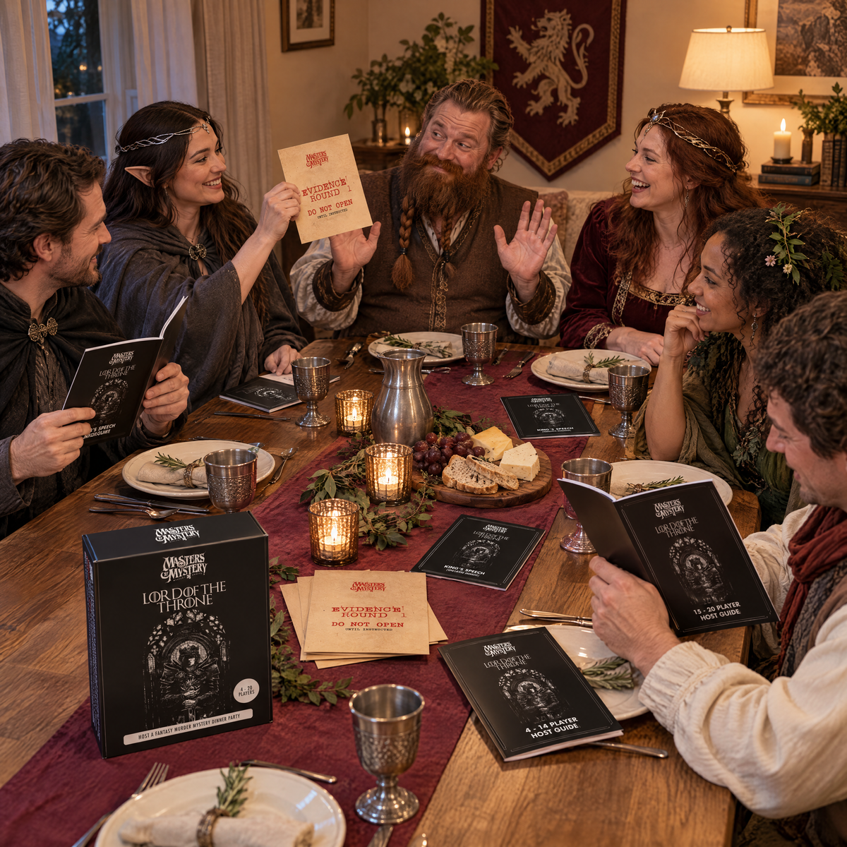 Guests playing Lord of the Throne: The Hydrock Massacre by Masters of Mystery, with the game box and branded booklets on the table.