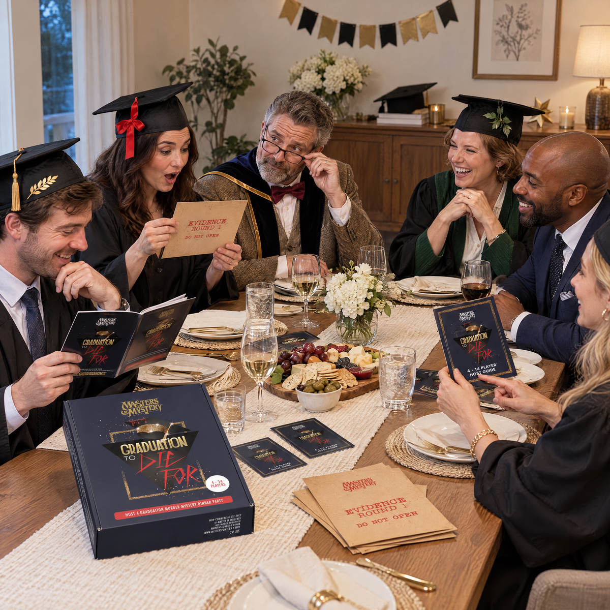 Guests playing A Graduation to Die For by Masters of Mystery, with the game box and branded booklets on the table.