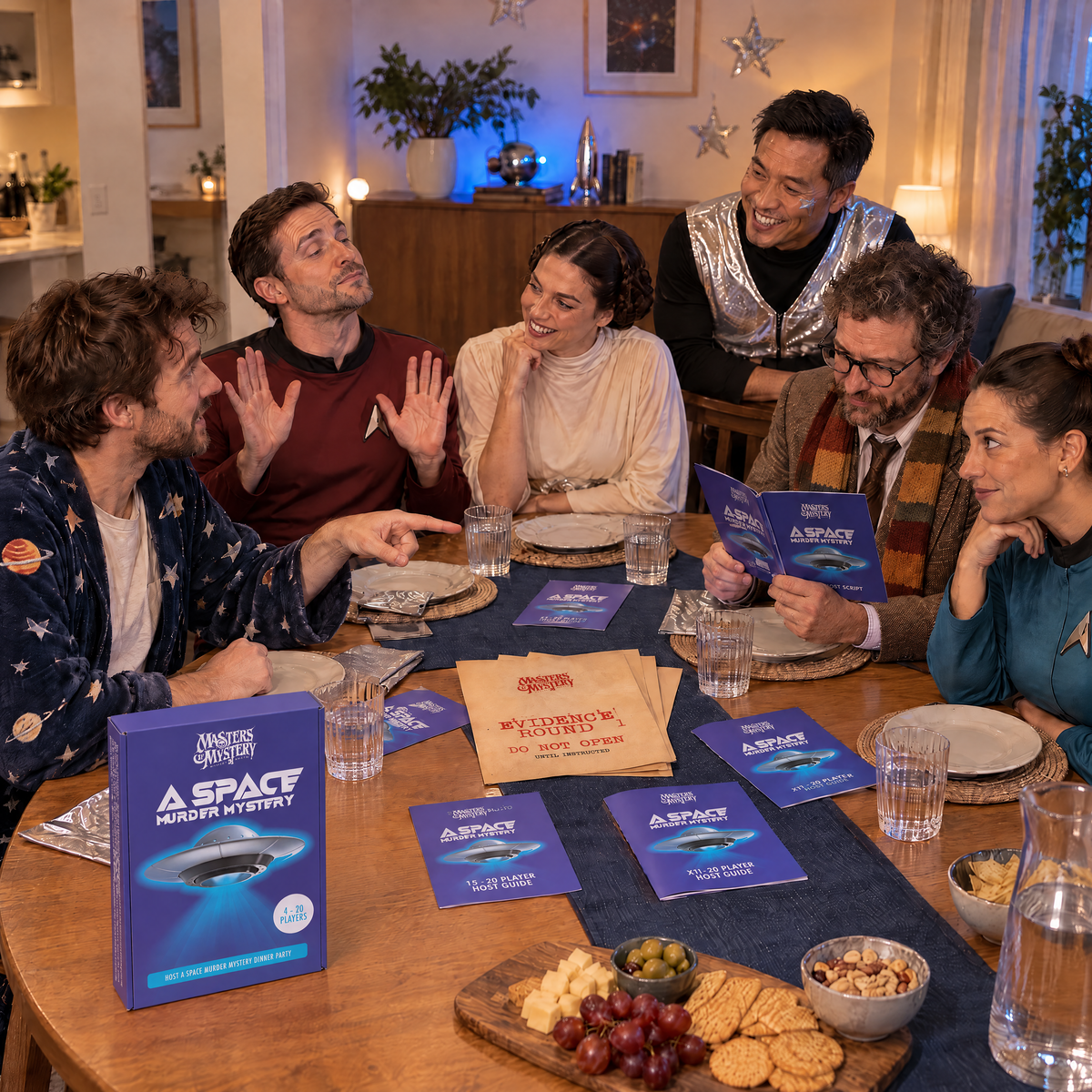 Guests playing Murder at the End of the Universe by Masters of Mystery, with the game box and branded booklets on the table.