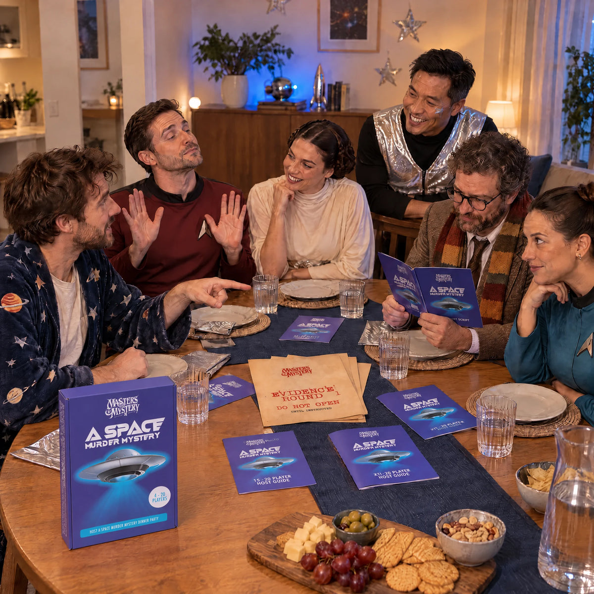 Friends playing Murder at the End of the Universe by Masters of Mystery, with the game box and booklets.