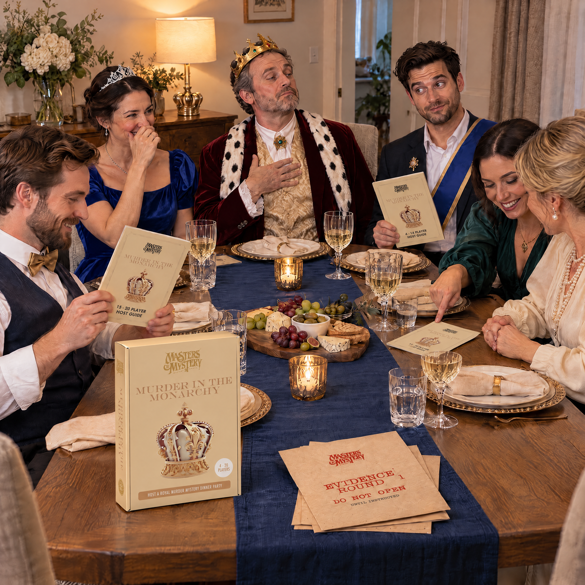 Guests playing Murder in the Monarchy by Masters of Mystery, with the game box and branded booklets on the table.