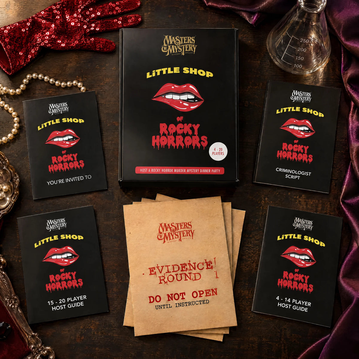 Little Shop of Rocky Horrors by Masters of Mystery: game box and contents in a themed flat lay.