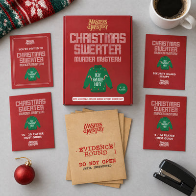 Office Christmas Sweater Murder Mystery by Masters of Mystery: game box and contents in a themed flat lay.