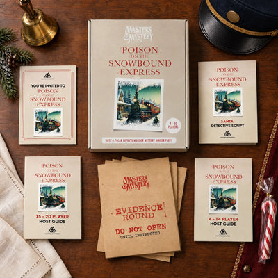 Poison on the Snowbound Express by Masters of Mystery: game box and contents in a themed flat lay.