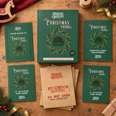 A Christmas Crime by Masters of Mystery: game box and contents in a themed flat lay.