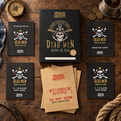 Dead Men Drink No Rum by Masters of Mystery: game box and contents in a themed flat lay.