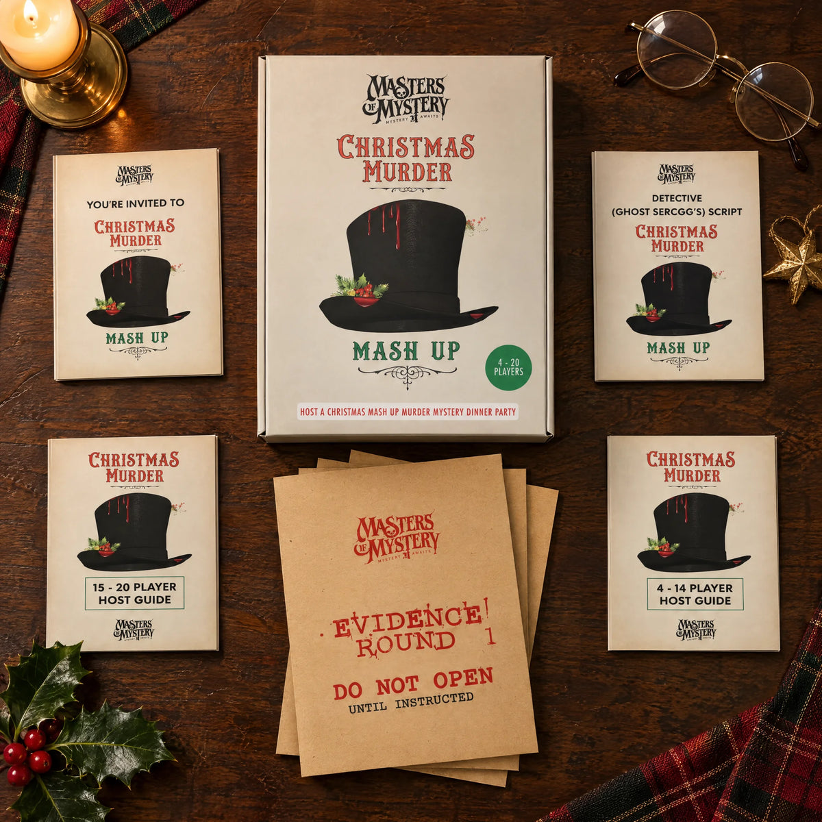 A Christmas Mash-Up Murder by Masters of Mystery: game box and contents in a themed flat lay.