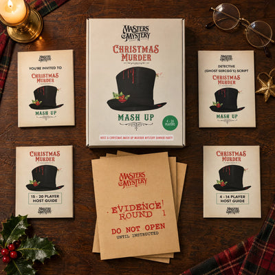 A Christmas Mash-Up Murder by Masters of Mystery: game box and contents in a themed flat lay.