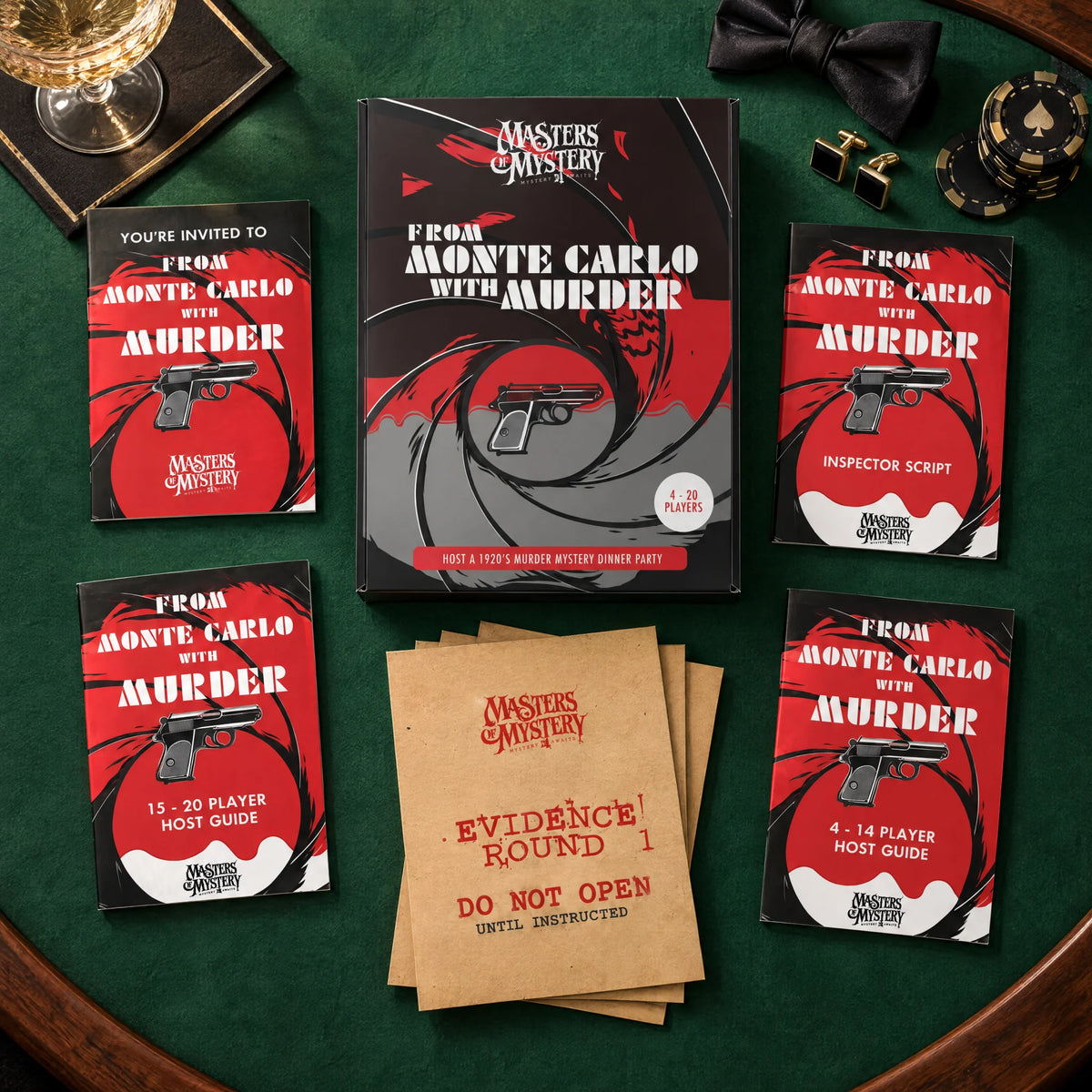 From Monte Carlo with Murder by Masters of Mystery: game box and contents in a themed flat lay.