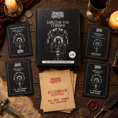 Lord of the Throne: The Hydrock Massacre by Masters of Mystery: game box and contents in a themed flat lay.