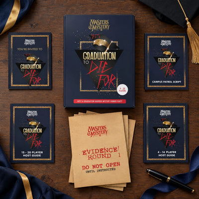 A Graduation to Die For by Masters of Mystery: game box and contents in a themed flat lay.