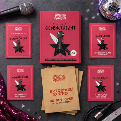 Murder at a Singing Competition by Masters of Mystery: game box and contents in a themed flat lay.