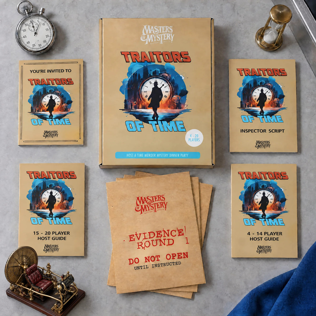 Traitors of Time by Masters of Mystery: game box and contents in a themed flat lay.