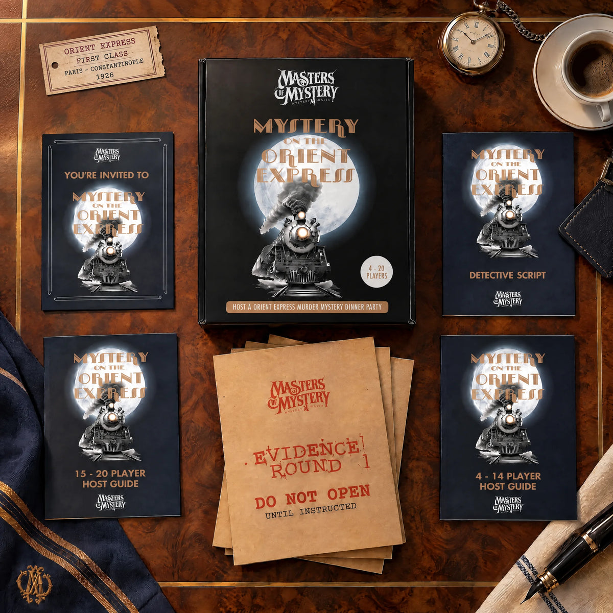 Midnight on the Orient Express by Masters of Mystery: game box and contents in a themed flat lay.