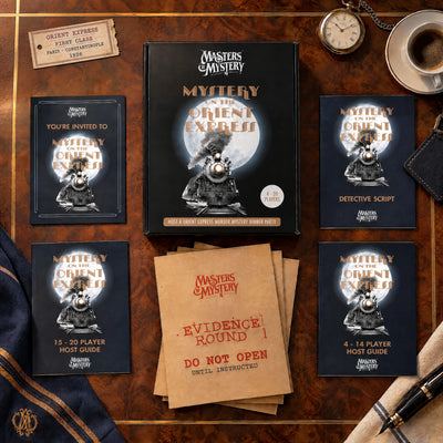 Midnight on the Orient Express by Masters of Mystery: game box and contents in a themed flat lay.