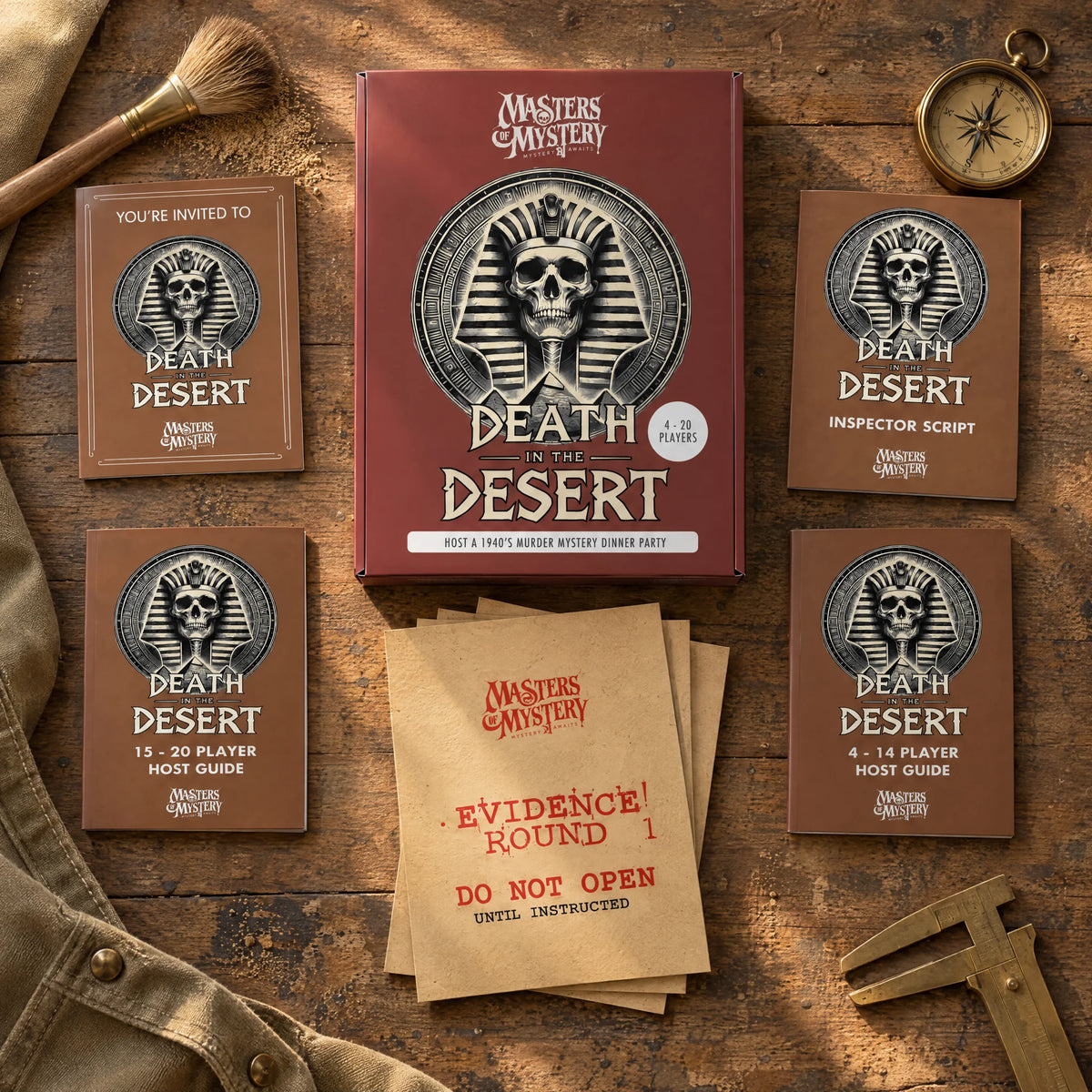 Death in the Desert by Masters of Mystery: game box and contents in a themed flat lay.
