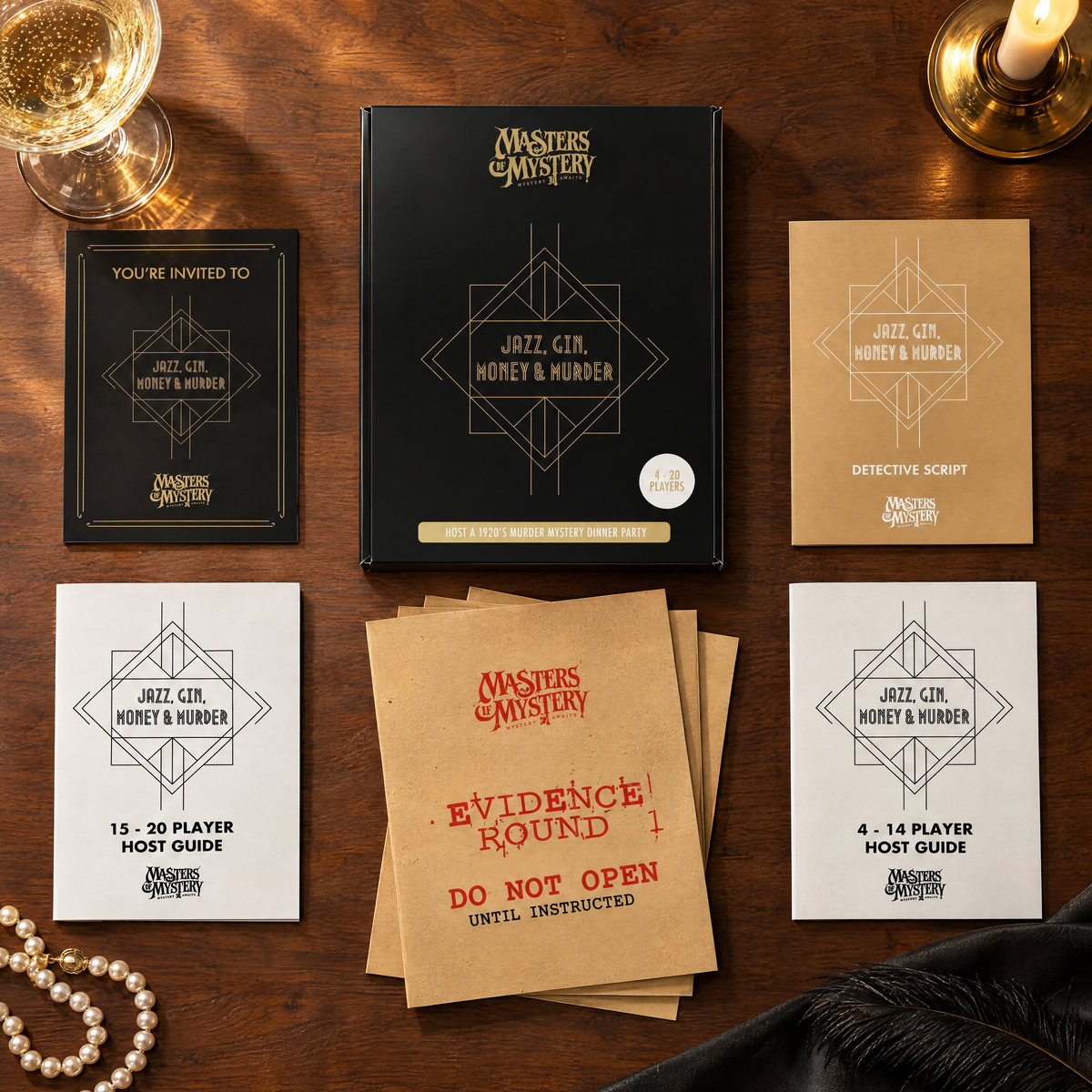 Masters of Mystery Jazz, Gin, Money & Murder game box and printed contents arranged in a themed overhead flat lay.