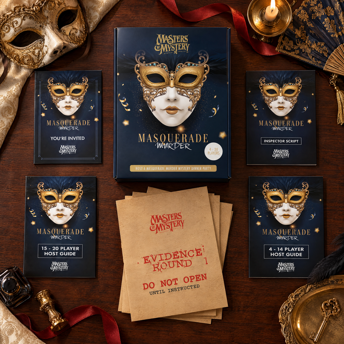 Masters of Mystery A Masquerade Murder game box and printed contents arranged in a themed overhead flat lay.
