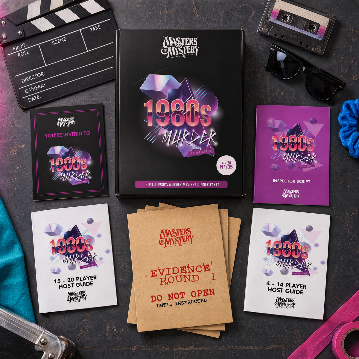 Masters of Mystery A Totally Rad 1980’s Murder game box and printed contents arranged in a themed overhead flat lay.